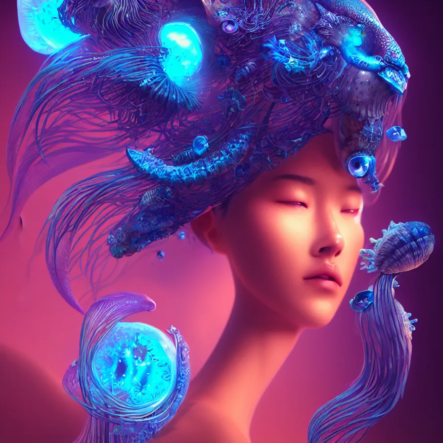 Image similar to goddess close-up portrait. orchid jellyfish phoenix head, nautilus, skull, betta fish, bioluminiscent creatures, intricate artwork by Tooth Wu and wlop and beeple. octane render, trending on artstation, greg rutkowski very coherent symmetrical artwork. cinematic, hyper realism, high detail, octane render, 8k