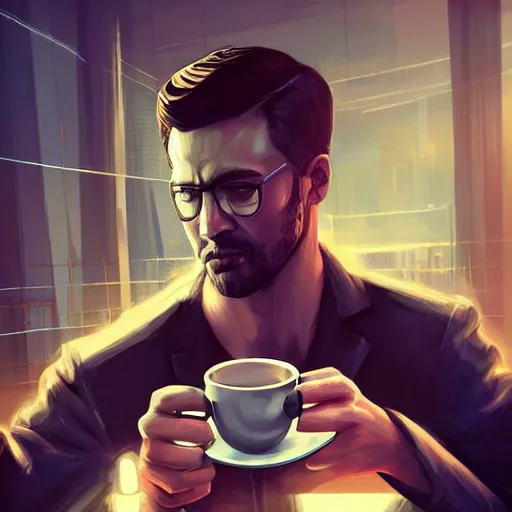 Image similar to portrait of a handsome startup CEO having a cup of coffee. cyberpunk style, digital art artstation cgsociety