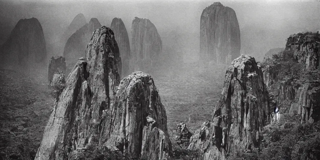 Prompt: lost city the future, chrome and glass architecture, scifi, blade runner on top of the auyan tepui, vintage photograph, bw, by edward s curtis, realistic,