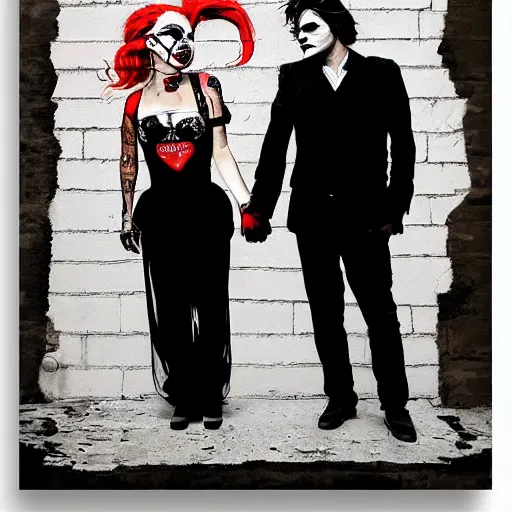 Image similar to mimmo rottela and banksy as joaquin phoenix skinny joker holding hand lady gaga harley queen, photorealistic, intricate details, pop art style, baroque, hyperdetailed