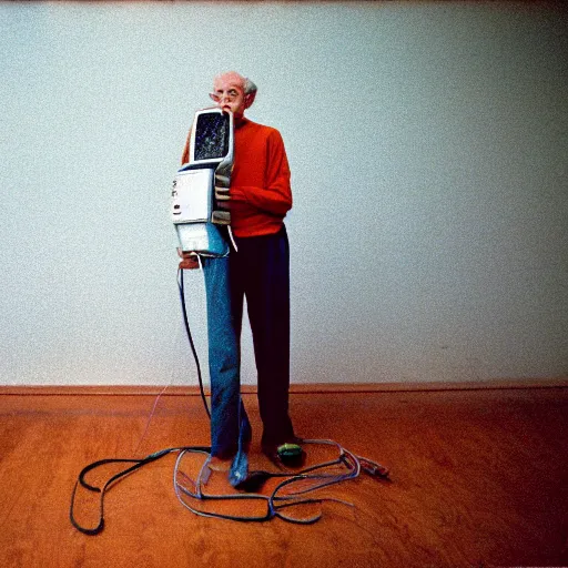 Prompt: A skinny old Man with a old television strapped to his back ,flexible industrial pipes join his ears and mouth to the television, fibres trial on the floor ,Kodak portra 400