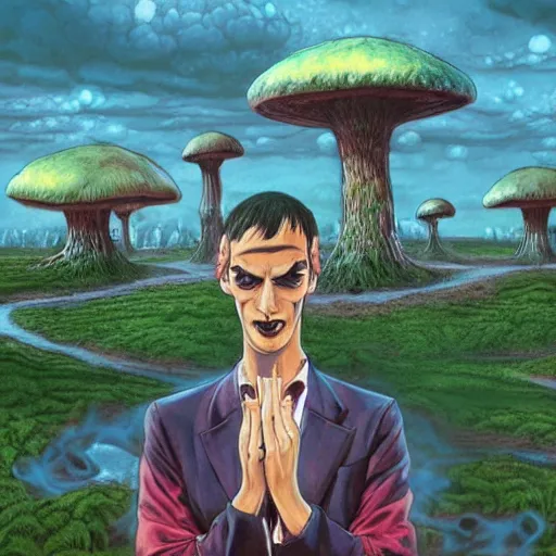 Prompt: A centered chest up portrait of a psychedelic godlike anthropomorphic frog smoking a hand-rolled cigarette smoking heavily , magic mushroom village in background . award winning. superb resolution. in the art style of junji Ito and greg rutkowski . Detailed Mushroom city in background. Hyper realistic anime. Perfect art. Dalle2