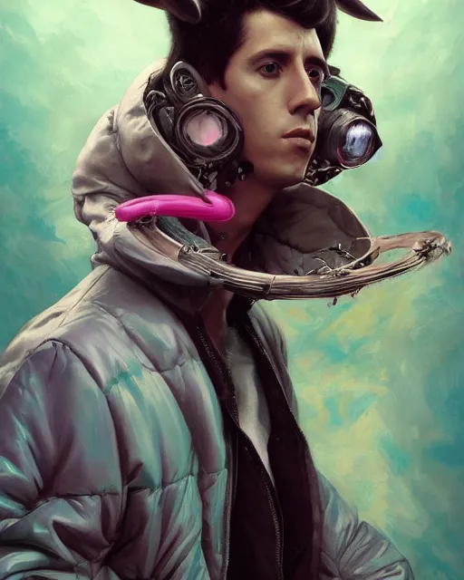 Image similar to beautiful fantasy character portrait, donnie darko, wearing oversized puffy pink bomber jacket and black bikini, ultra realistic, wide angle, seductive pose, cyberpunk artifacts, highly detailed by peter mohrbacher, pixar, malti klarwein, boris vallejo, aaron horkey, gaston bussiere, craig mullins