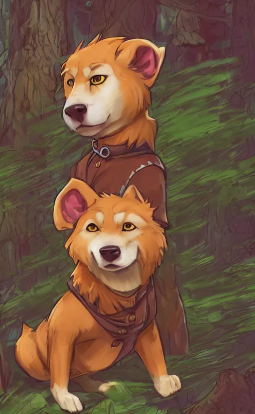 Image similar to stylized close up character portrait icon of the anthro anthropomorphic jindo dog trader head animal person fursona wearing clothes standing in the bright forest, hidari, color page, tankoban, 4 k, tone mapping, akihiko yoshida