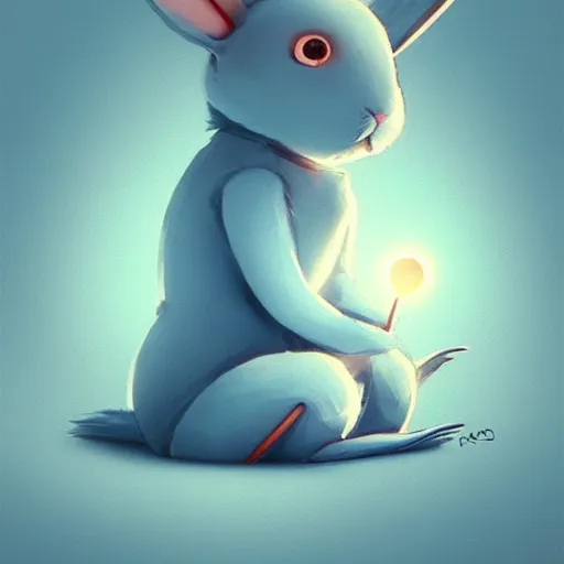 Image similar to artstation, by hayao myazaki, concept art, digital art, light blue, 2 - dimensional, 2 d, a rabbit robot