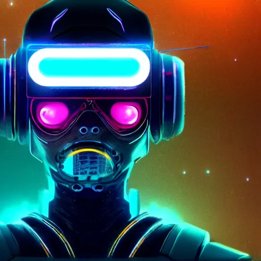 Image similar to cyberpunk concept cool cyborg bot, cinema 4 d, galaxy, cosmos, ufo, space sci - fi, wearing vr goggles, illustration, portrait, pastel neon textured background night, trending on artstation, greg rutkowski, octane rendered, 1 2 k, detailed,