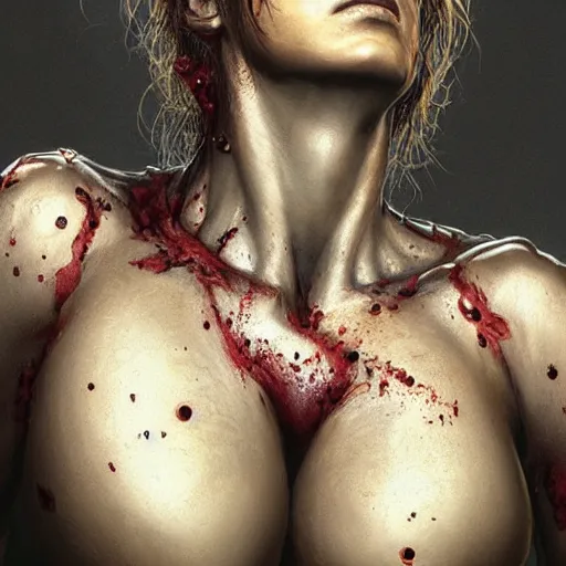 Prompt: UHD closeup of a Photorealistic woman with a giant gaping hole in her chest, heart bursting out, with huge amount of blood gushing out by Antonio Caparo and Ferdinand Knab and Greg Rutkowski, UHD, photorealistic, trending on artstation, trending on deviantart