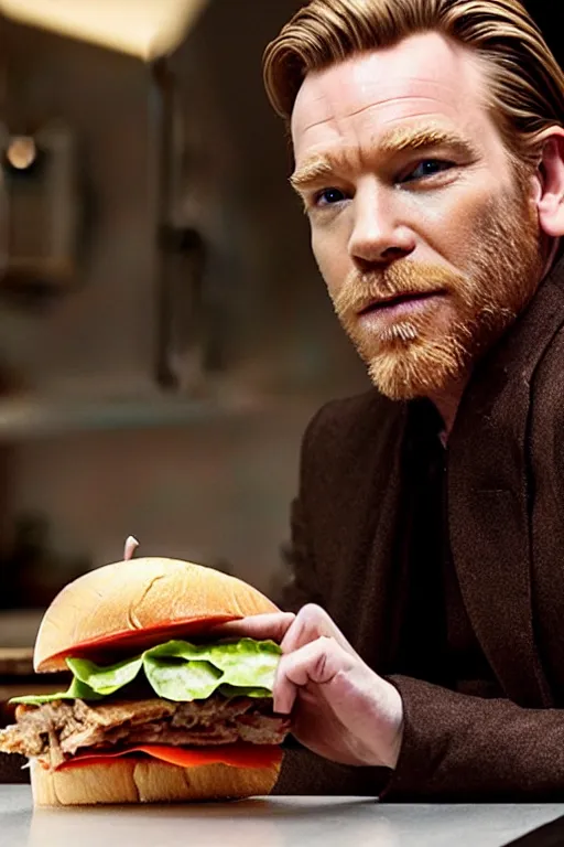 Image similar to A cinematic photo of Ewan McGregor eating sandwich