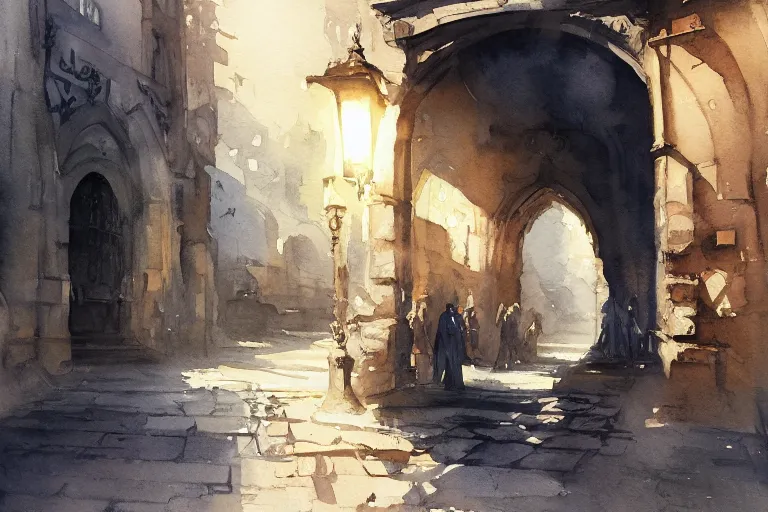 Prompt: small centered on watercolor paper, paint brush strokes, abstract watercolor painting of medieval city entrance, giant iron door, cinematic light, national romanticism by hans dahl, by jesper ejsing, by anders zorn, by greg rutkowski, by greg manchess, by tyler edlin