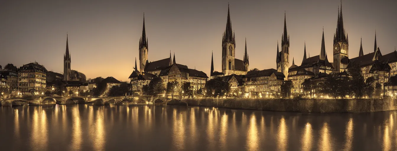 Image similar to Digital painting of Neo-Gothic Zurich, Limmat and the lake at night, wide angle, volumetric light, hyperdetailed, Alsp in the background, artstation, cgsociety, 8k