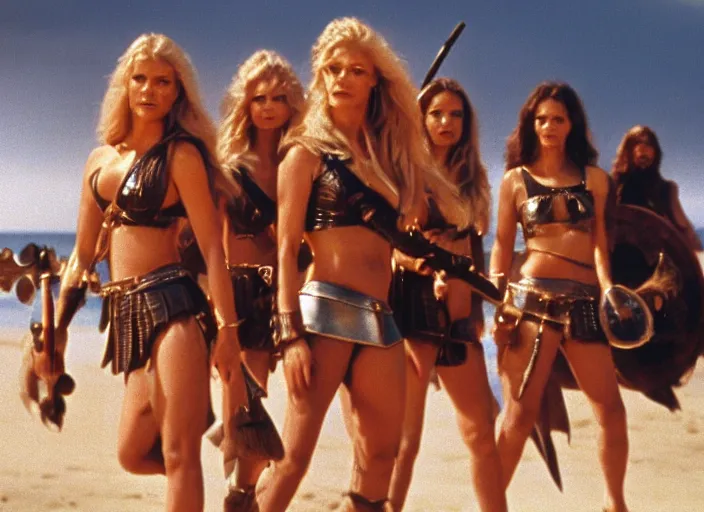 Prompt: film still charlie's angels ( 1 9 7 6 ) as a viking women with weapons, wearing skin - tight futuristic valkerie bikinis, rough seas in background, lightning storms, water world, mad max, barbarella, conan, hyper - realistic, highly detailed, accurate, 8 k octane render, 2 8 mm, wide angle, rule of thirds
