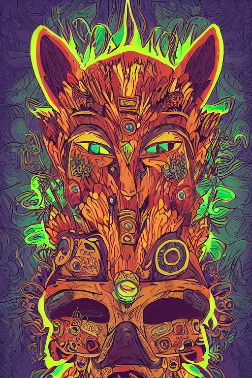 Image similar to animal mask totem roots flower tribal feather gemstone plant wood rock shaman vodoo video game vector cutout illustration vivid multicolor borderlands comics by josan gonzales and dan mumford radiating a glowing aura