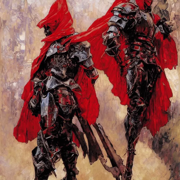 Prompt: crusade paladin in red and black armor painting, henry asencio, craig mullins, alphonse mucha, greg ruthowski