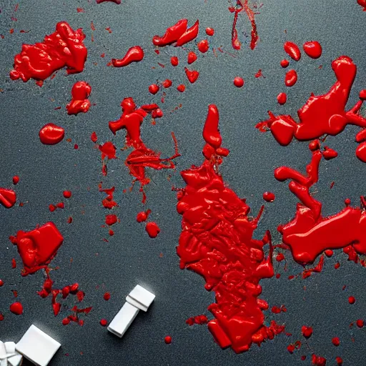 Prompt: photo of a lego set splattered with blood, shiny dark red blood splatter, dismembered lego minifigures