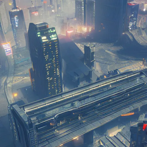 Image similar to canary wharf, screenshot from cyberpunk 2 0 7 7 pc game, isometric view, ue 4, raytracing, volumetric fog resolution, ambient occlusion, anisotropy, shadow resolution, texture quality high, chromatic abberation, 8 k