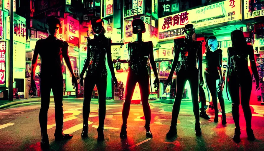 Image similar to ( ( ( sci - fi mafia ) ) ) futuristic half musician half cyborg cyberpunk neopunk horror electronic rock band photo, five people, dressed like cyberpunk horror characters, neon signs, futuristic buildings in the background, tokyo at night, photographic quality, hyper - realistic, daylight, medium format uhd style, fifth element by jean - luc goddard