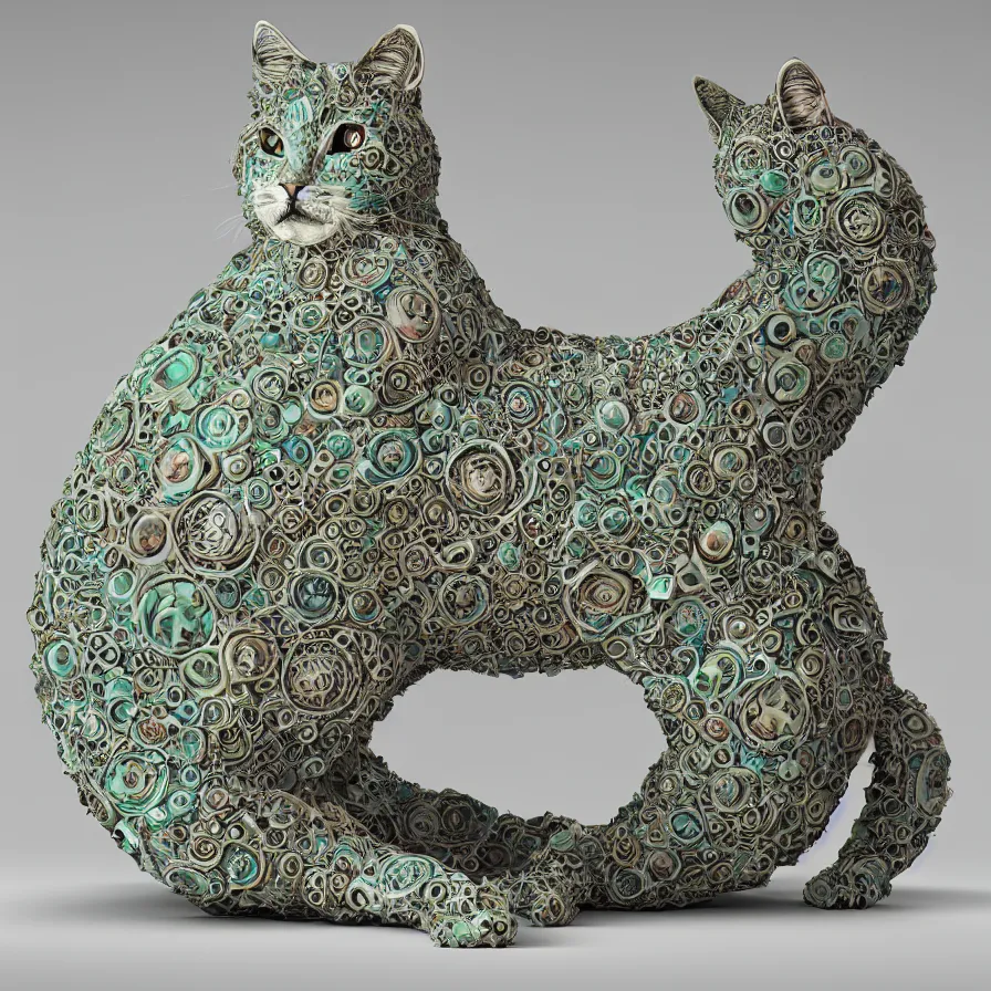 Image similar to beautiful gallery show studio photograph of a giant realistic round biomechanical ceramic sculpture of a manx cat, fractal 3 d structure, celadon glaze, placed on a polished wooden table, colorful hyperrealism 8 k trending on artstation