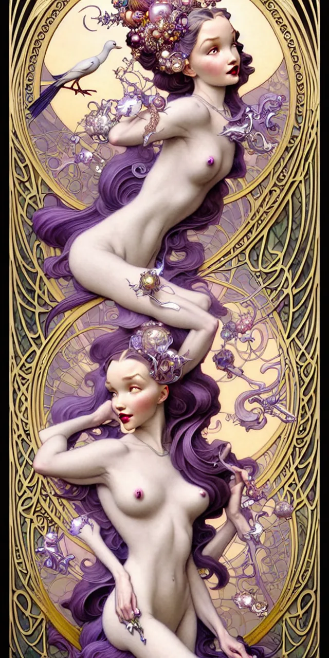 Image similar to beautiful dove cameron art nouveau fantasy character portrait, ultra realistic, intricate details, the fifth element artifacts, highly detailed by peter mohrbacher, hajime sorayama, wayne barlowe, boris vallejo, aaron horkey, gaston bussiere, craig mullins alphonse mucha, art nouveau curves swirls and spirals, flowers pearls beads crystals jewelry goldchains scattered