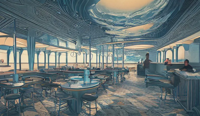 Image similar to a beautiful, sharp focus, clean lines. the interior of an art deco undersea restaurant. vaporwave ombre rendering. outrun style. fish. neon backlit jellyfish. trending on artstation. recommended for you behance. by chris moore. by edward hopper. ambient occlusion. digital matte painting. metropolis filmic. gotham city.