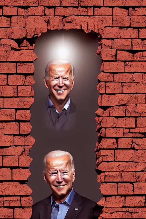 Image similar to biden with glowing red eyes breaking through a brick wall digital art illustration highly detailed lighting from below