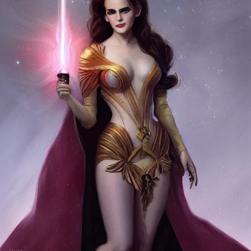 Prompt: emma watson dressed as jessica rabbit holding a glowing wand in one hand and a large leather bound book, fantasy, intricate, elegant, highly detailed, digital painting, artstation, concept art, matte, sharp focus, illustration, in the style of magic the gathering, art by artgerm and greg rutkowski and alphonse mucha
