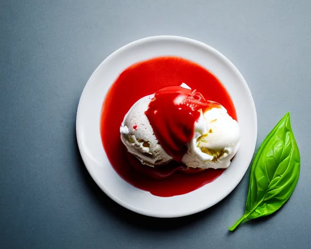 Prompt: dslr food photograph of vanilla ice cream with ketchup on, a leaf of basil on the ice cream, 8 5 mm f 1. 4