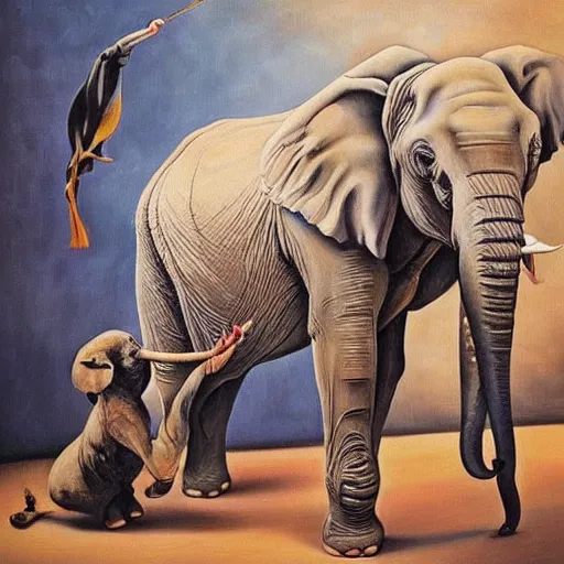 Image similar to in the style of painter salvador dali circus of animals playing, Surrealism painting, hyperrealism, large elephant plays, high details, everything sharp focus, photorealism, painting