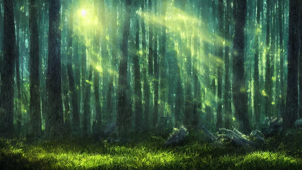 Prompt: portrait of an ethereal evergreen forest made of green and blue light with a log cabin made of golden light, divine, cyberspace, mysterious, dark high-contrast concept art