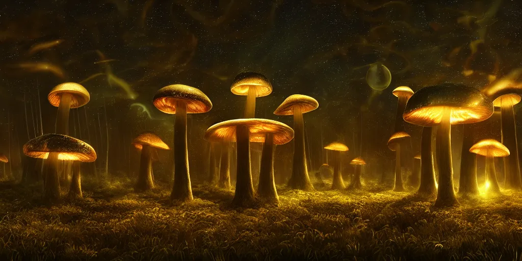 Prompt: giant glowing mushrooms towering over alien forest, at night, ray tracing, refractive, planets in the sky, award winning, trending on artstation, digital art. highly detailed 8 k. intricate. lifelike. soft light. nikon d 8 5 0.