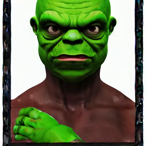 Image similar to pepe hulk, realistic, frame from marvel movie