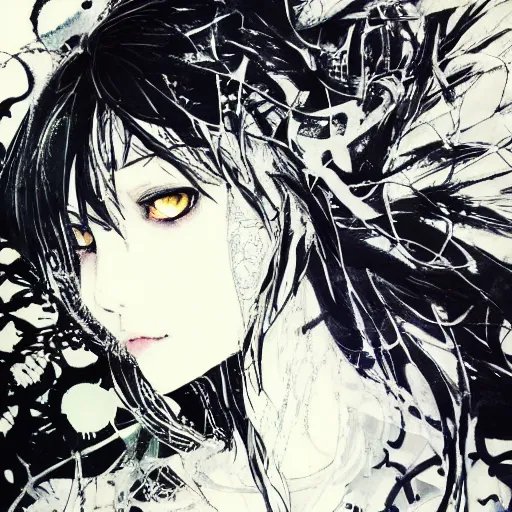 Image similar to yoji shinkawa blurred and dreamy illustration of an anime girl with black eyes, wavy white hair fluttering in the wind wearing elden ring armor and crown with engraving, abstract black and white patterns on the background, art by yoshitaka amano, noisy film grain effect, highly detailed, renaissance oil painting, weird portrait angle, blurred lost edges, three quarter view