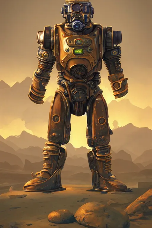 Image similar to hardmesh retro futurist steampunk fallout 7 6 power armor, hyper realistic, art cover, official fanart behance hd artstation by jesper ejsing, by rhads, makoto shinkai, final fantasy, unreal engine highly rendered, global illumination, radiant light, intricate environment radiating a glowing aura global illumination ray tracing hdr