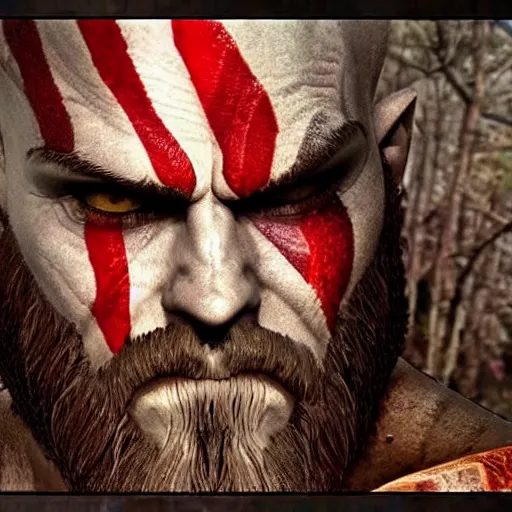 Prompt: kratos the god of war caught in a wood cam picture
