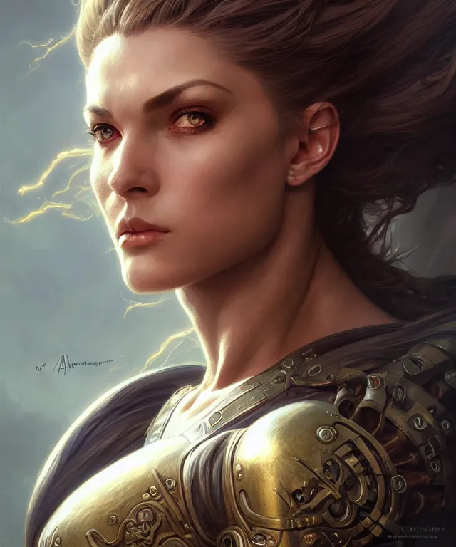 Image similar to Muscular and powerful medieval knight woman portrait, sci-fi, amber eyes, face, long hair, fantasy, intricate, elegant, highly detailed, digital painting, artstation, concept art, smooth, sharp focus, illustration, art by artgerm and greg rutkowski and alphonse mucha