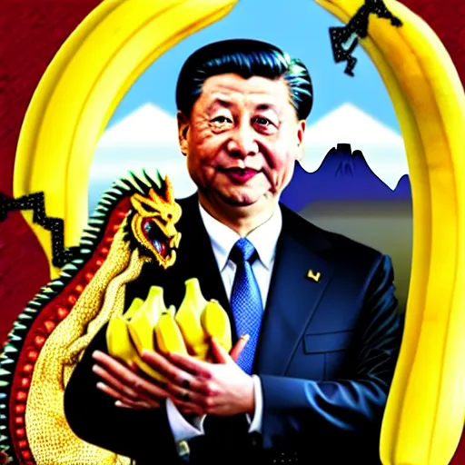 Image similar to Chinese president with bananas, battle with dragon, mountains background, fantasy art