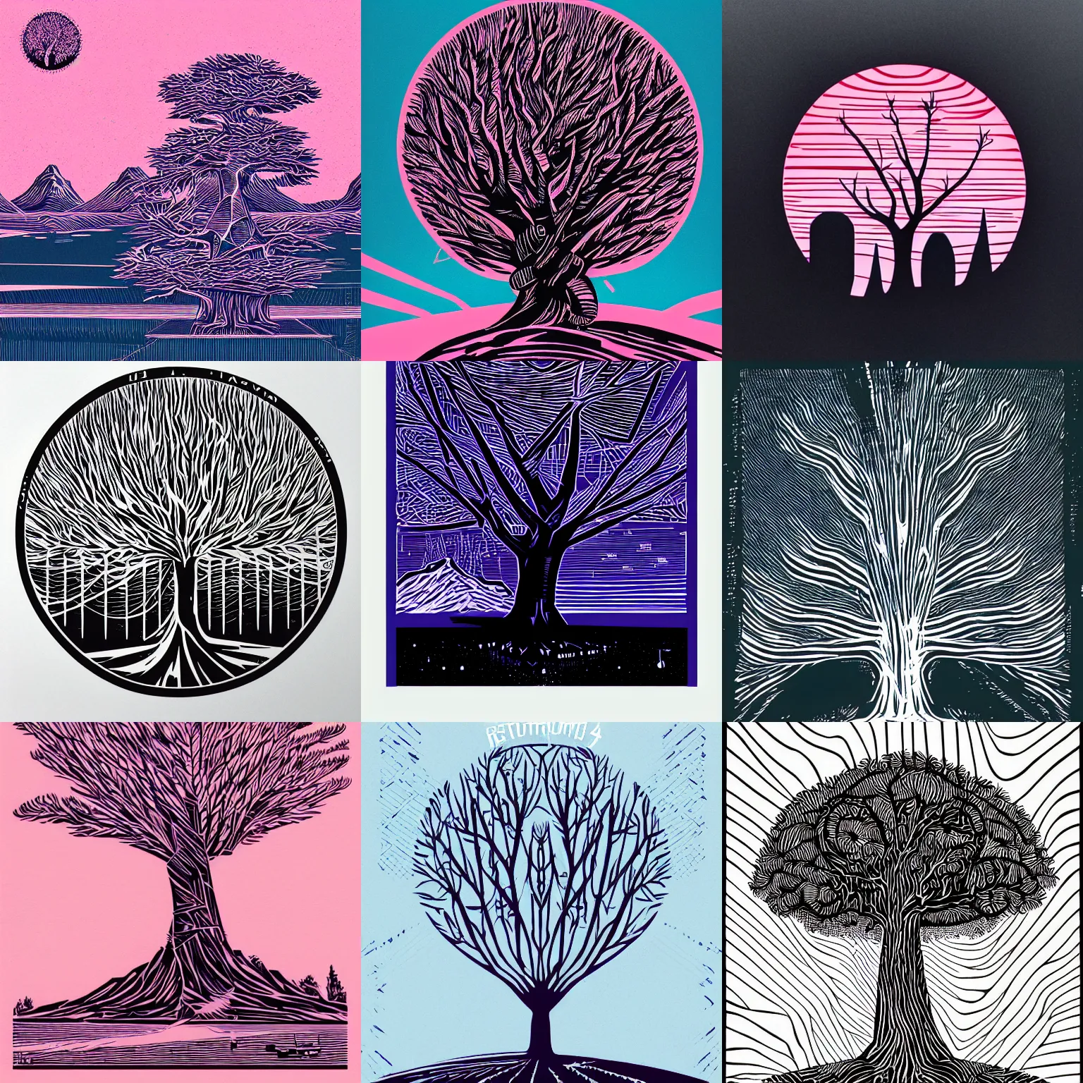 Prompt: a graph style tree, linocut art, cgsociety, retrofuturism, retrowave, outrun.