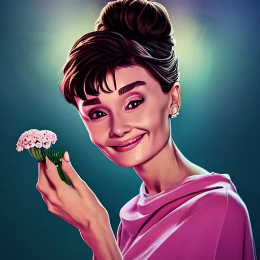 Image similar to portrait of audrey hepburn smiling with flowers in hands. sharp focus, cinematic pose, cinematic lighting, unreal engine render. art by josan gonzales and moebius and deathburger.