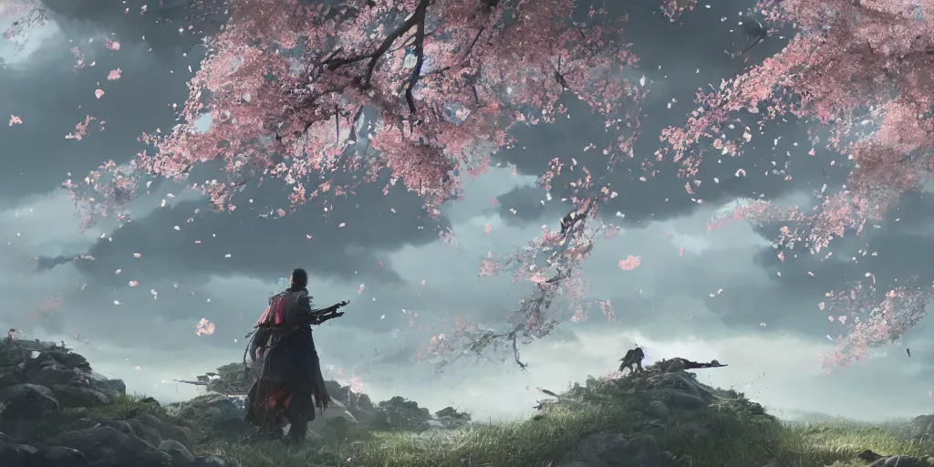 Image similar to an environmental concept art of ghost of tsushima, sakura petals blowing in the wind, highly detailed, directional light, bold colors, cinematic by francis tneh