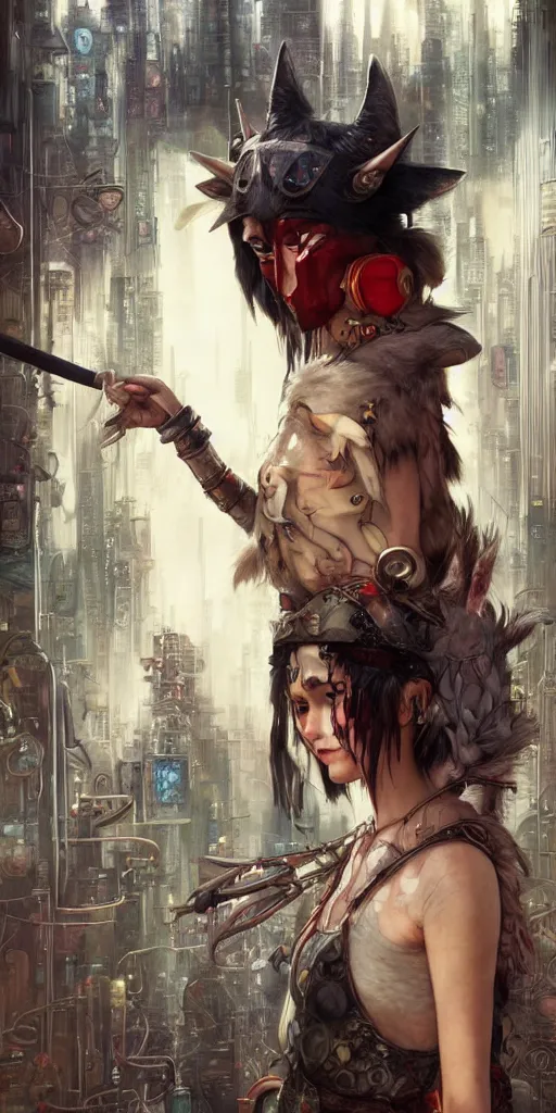 Image similar to hyper realistic Princess Mononoke with her mask, busy cyberpunk metropolis, city landscape, jewels, style of tom bagshaw, mucha, james gurney, norman rockwell, denoised, sharp