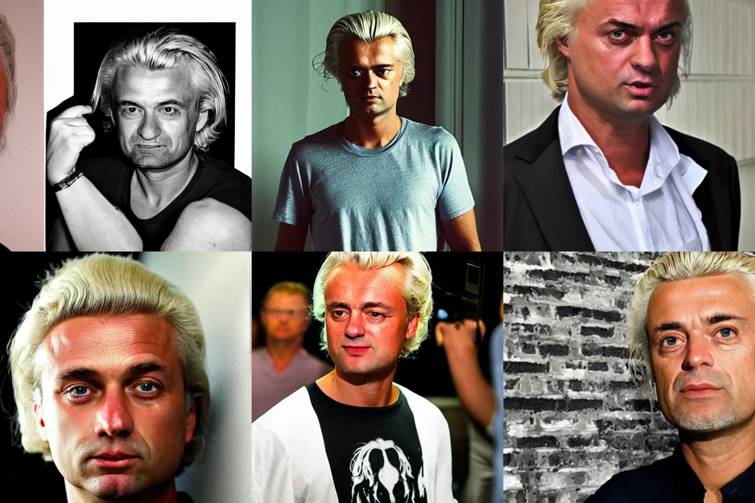 Prompt: geert wilders as ricardo villalobos in a sweaty t - shirt looking high at the camera