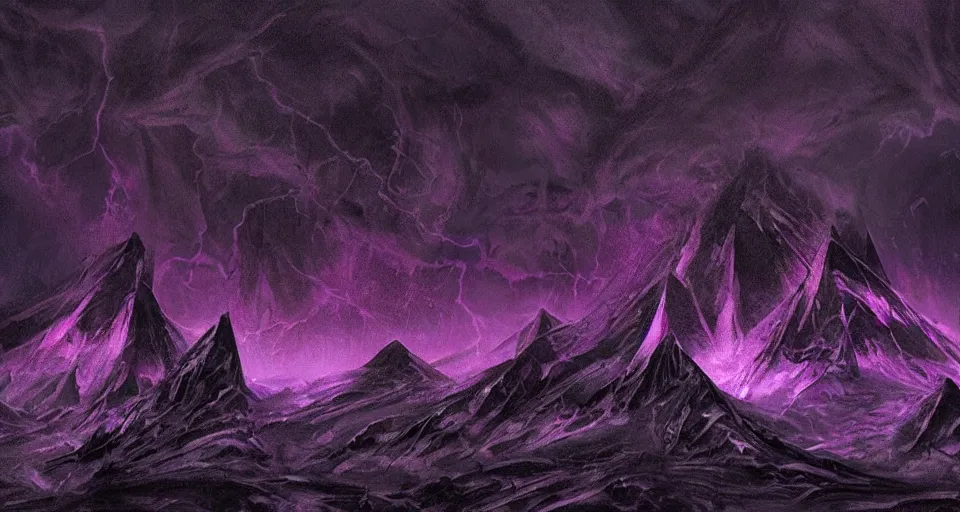 Image similar to black lovecraftian eldritch!! obsidian pyramid!! purple light beams on a snowy mountain, being found by explorers, snowy, windy, by eugene von guerard, ivan shishkin, night, red lightning!!, storm!, dramatic lighting, concept art, trending on artstation, 8 k