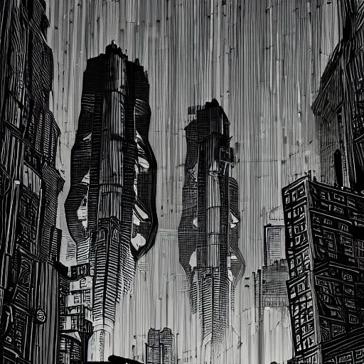 Prompt: ink illustration of gods looming over a cyberpunk city