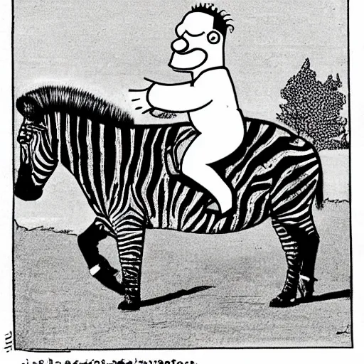 Prompt: homer simpsons riding a zebra, early simpsons style