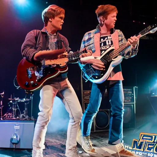 Image similar to marty mcfly as a member of british band mcfly, highly detailed, photorealistic, high - res photography, concert photos