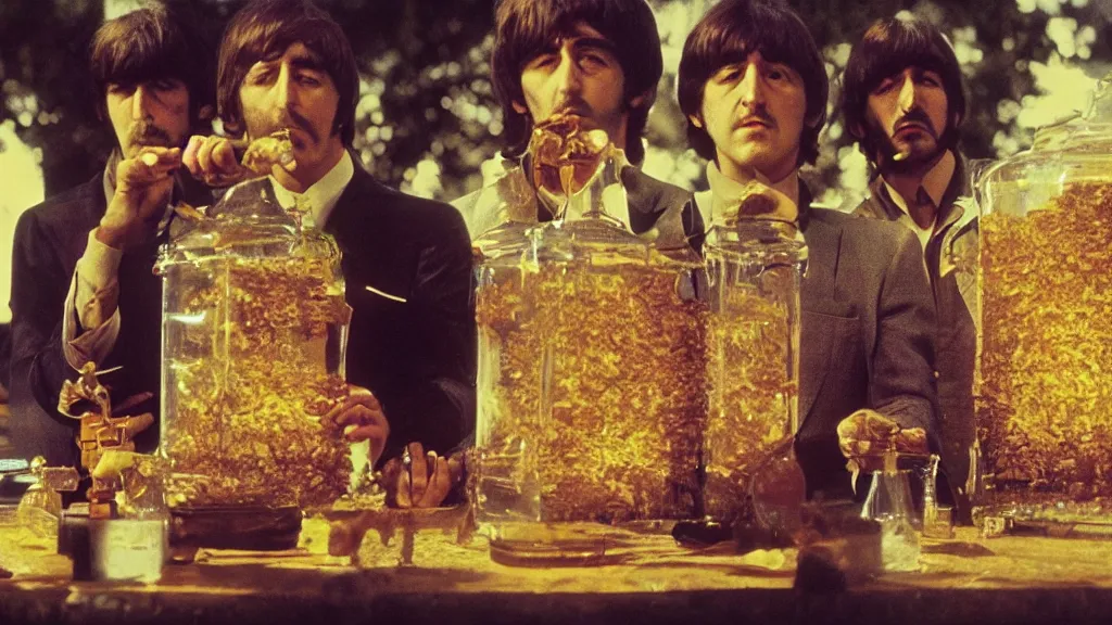 Image similar to The Beatles!!! drowning in honey! in a large honey jar, film still from the movie directed by Denis Villeneuve with art direction by Salvador Dalí, wide lens