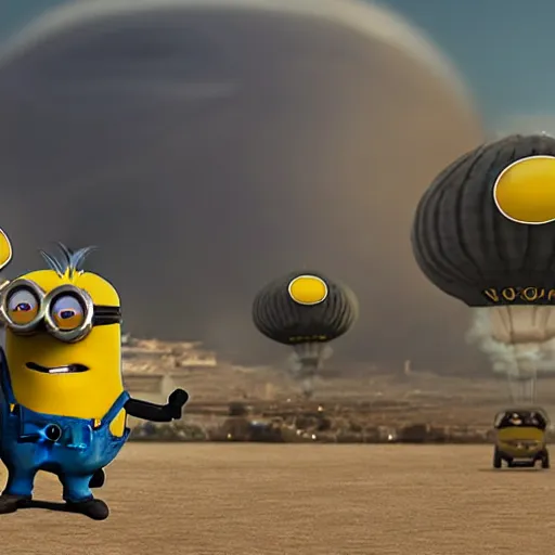 Image similar to minion paratroopers with a nuclear explosion in the background, planes are bombing baghdad