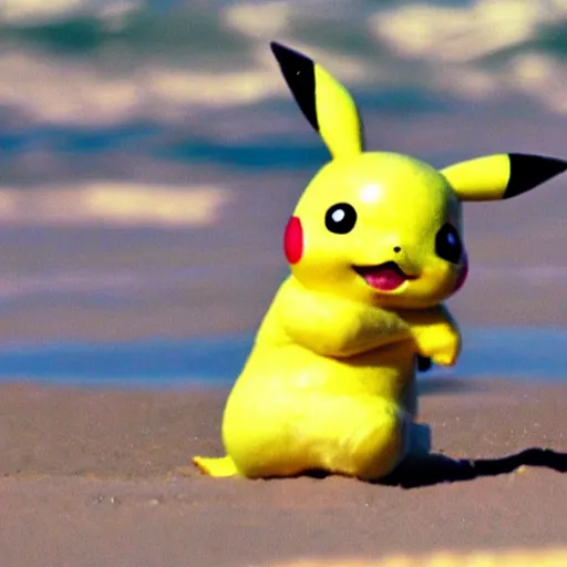 Image similar to papparazzi photograph of pikachu at a beach on ibiza