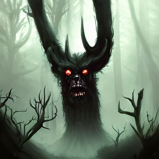 Prompt: A scary wendigo creature in a dark forest, eerie, scary, horror, digital art, artstation, WLOP, Mandy Jurgens