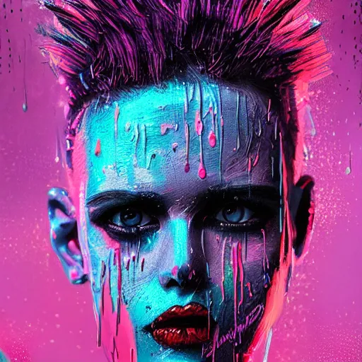 Image similar to splashes of neon, punk portrait made out of paint with rain in the background, trending on artstation, epic composition, emotional, beautiful, rendered in octane, highly detailed, realistic, tim burton comic book art, sharp focus, matte painting