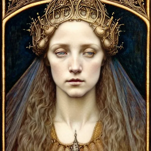 Image similar to detailed realistic beautiful young medieval queen face portrait by jean delville, tom bagshaw, brooke shaden, gustave dore and marco mazzoni, art nouveau, symbolist, visionary, gothic, pre - raphaelite, ornate gilded medieval icon, surreality, ethereal, unearthly, haunting, celestial, neo - gothic, ghostly, memento mori, otherworldly